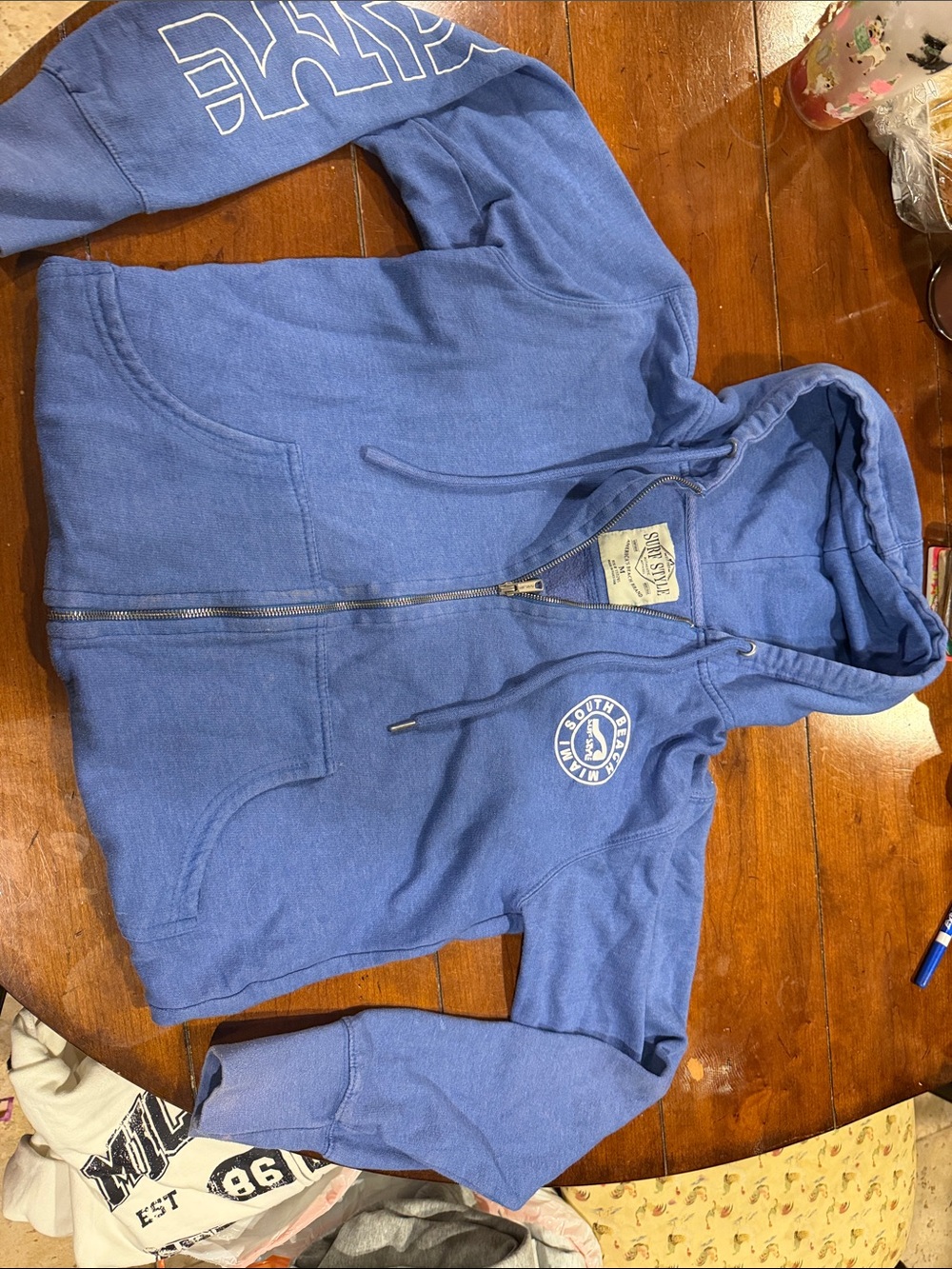 surf style Blue Zip-Up Hoodie with Hood and Front Pockets